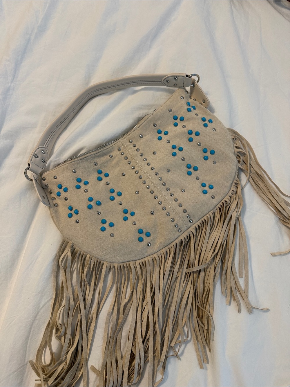 Beige Suede Fringe Shoulder Bag with Turquoise Studs